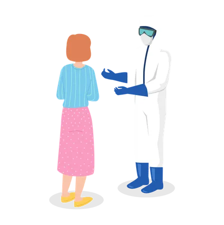 Professional Doctor Wearing Protective Suits And Consulting To Patient Woman Virus Outbreak Emergency Concept Coronavirus Protection Advice Safety Equipment And Practice For Doctors Workers Illustration