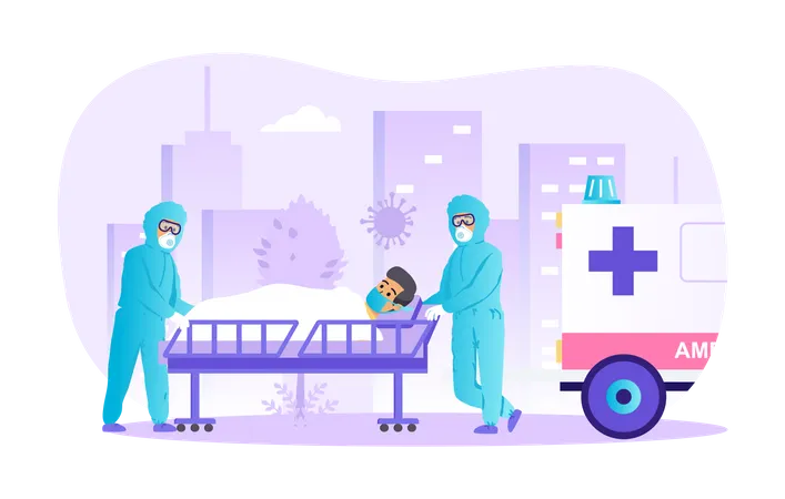 Coronavirus Patient Is Hospitalized By Ambulance Scene Doctors In Protective Suits And Medical Masks Covid 19 Treatment At Clinic Concept Vector Illustration Of People Characters In Flat Design Illustration