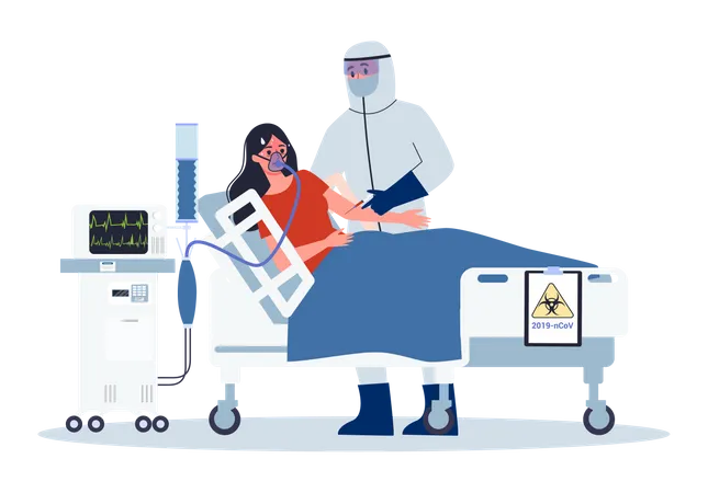 2019 N Co V Symptome Und Behandlung Coronavirus Alarm Arzt In Spezialausrustung Bringt Infizierte Frau Ins Krankenhaus Isolierte Vektorillustration Im Cartoon Stil Illustration