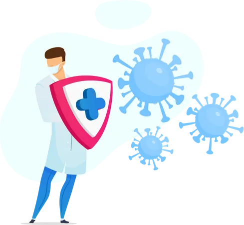 Coronavirus Protection Flat Concept Vector Illustration Medic In Face Mask Fighting Against Covid Infection 2 D Cartoon Character For Web Design Doctor With Shield Pandemic Prevention Creative Idea Illustration