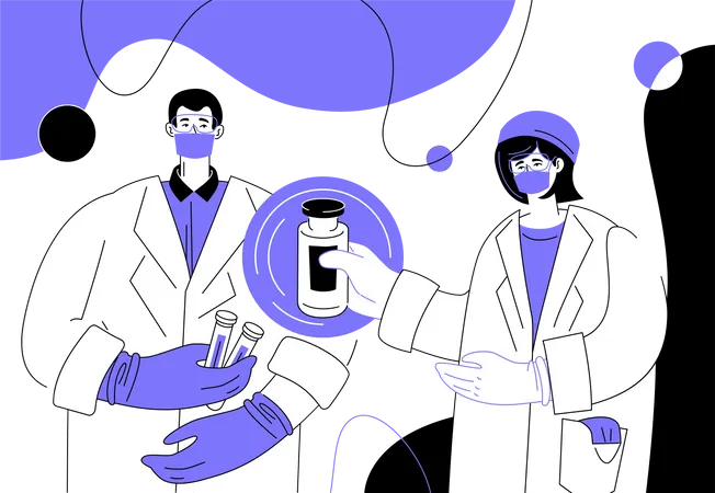 Medical Laboratory Modern Flat Design Style Illustration A Purple Poster With Lab Workers In Protective Wear Gloves And Face Masks Holding Tubes Testing For Viruses Diagnostics Healthcare Idea Illustration