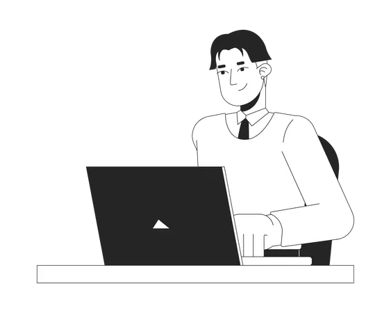 ノートパソコンをタイピングする韓国の若い成人男性  イラスト