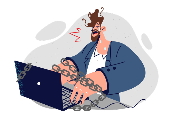 Corporate slave is crying sitting at computer with chains  Illustration