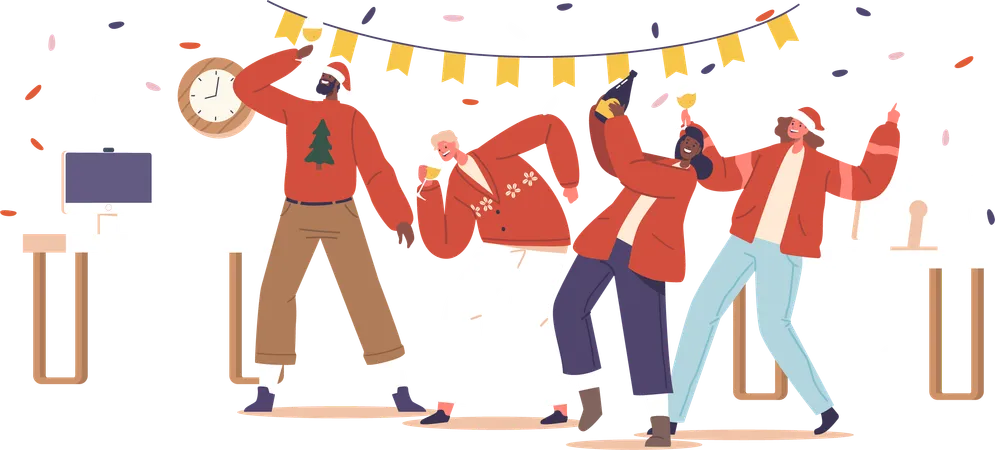 Corporate Christmas Party With Colleague Characters Gathered In Festive Attire Laughter Fill The Air As They Celebrate The Season With Fun Joy And Champagne Cartoon People Vector Illustration Illustration