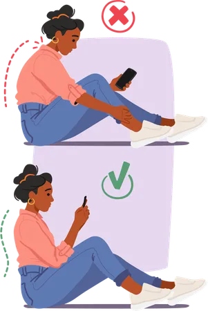 Right And Improper Poses For Using Mobile In The Wrong Posture Female Character Slouches Hunched Over The Smartphone In The Proper Posture She Sits Upright Maintaining Ergonomic Position Illustration