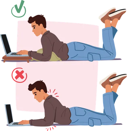 Bad And Good Body Poses While Working With Laptop In The Wrong Posture Man Slouches Straining The Back In The Proper Posture He Uses A Pillow Maintaining Healthier Alignment Vector Illustration 일러스트레이션