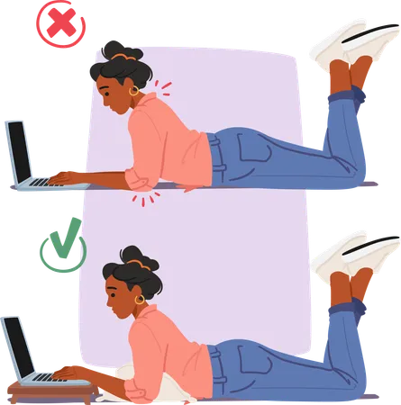 Bad And Good Body Poses While Working With Laptop In The Wrong Posture Woman Slouches Straining The Back In The Proper Posture She Uses Pillow Maintaining Healthier Alignment Vector Illustration Illustration