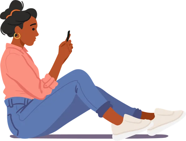 Black Woman Sits Upright On Floor Maintaining Proper Body Posture Engrossed In Smartphone Her Poised Position Reflects A Balance Of Comfort And Attentiveness Cartoon People Vector Illustration Illustration