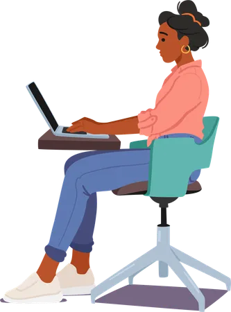 Proper Pose Working On Pc Female Character Sits With A Straight Back Elbows At 90 Degrees On The Desk And Eyes At Screen Level Wrists Neutral For Ergonomic Laptop Use Cartoon Vector Illustration Illustration