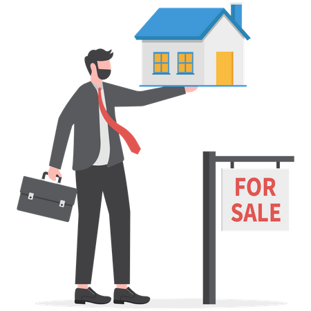 Corredor de bienes raíces en el trabajo muestra la casa en venta  Ilustración