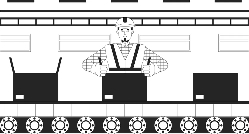 Trabalhador selando correia transportadora de caixa de papelão  Ilustração