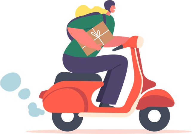 Correio feminino entrega pacote em scooter  Ilustração