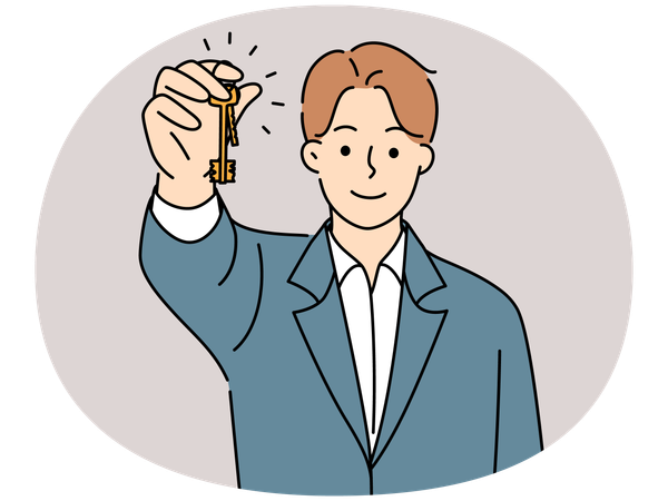 Corretor imobiliário sorridente segurando chaves  Ilustração