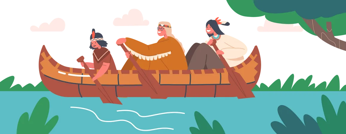 Corrida de canoa de madeira  Ilustração