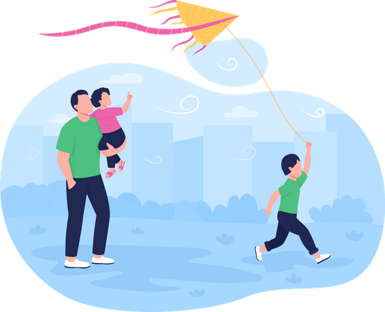 Correr volando cometa con niños.  Ilustración