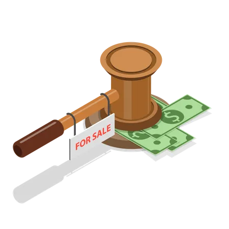 Corruption Isometric Flat Vector Concept Judge Gavel With FOR SALE Sign イラスト