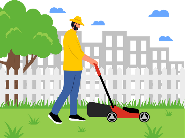 Cortador de grama cortando grama verde no parque  Ilustração