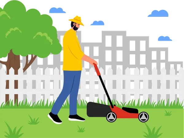Cortador de grama cortando grama verde no parque  Ilustração