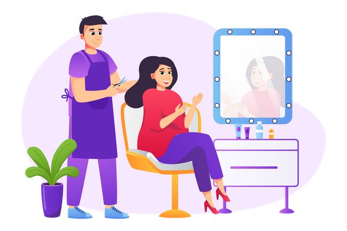 Corte de cabelo de cabeleireiro e estilo para cliente sentado na cadeira em frente ao espelho.  Illustration
