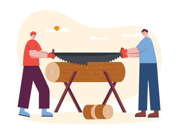 Dois trabalhadores cortando madeira com serra manual grande  Ilustração