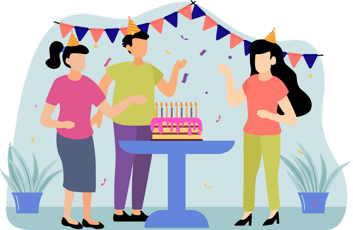 Corte de pastel en fiesta de cumpleaños  Ilustración