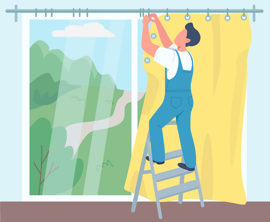 Homem pendurando cortinas  Ilustração