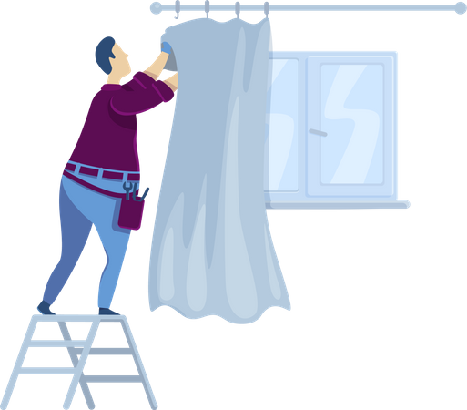 Homem pendurando cortinas  Ilustração