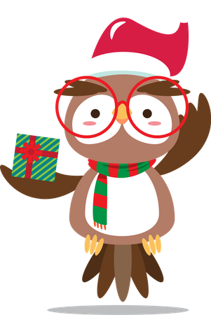 Coruja com a mão segurando um presente usando chapéu de Papai Noel  Ilustração
