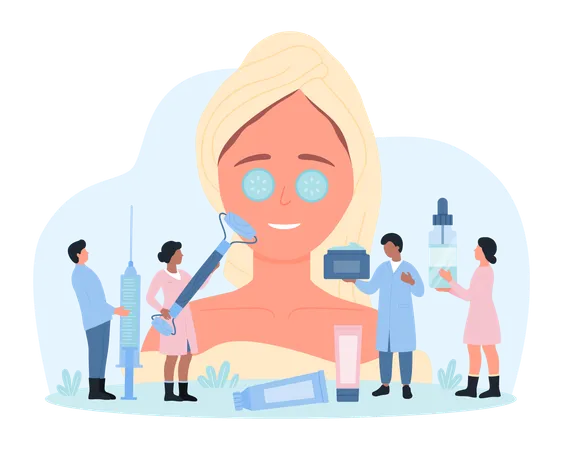 Cosmetic And Spa Beauty Skincare Procedures Cosmetology Vector Illustration Cartoon Tiny Professional Cosmetologists Holding Syringe And Roller Cream And Serum To Moisturize Skin Of Huge Woman Illustration