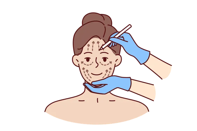 Cosmetic Procedure For Woman Who Wants To Eliminate Wrinkles Or Lifting Problem Areas Doctor Hands Near Millennial Girl Face During Cosmetic Procedure And Preparation For Skin Lifting Illustration