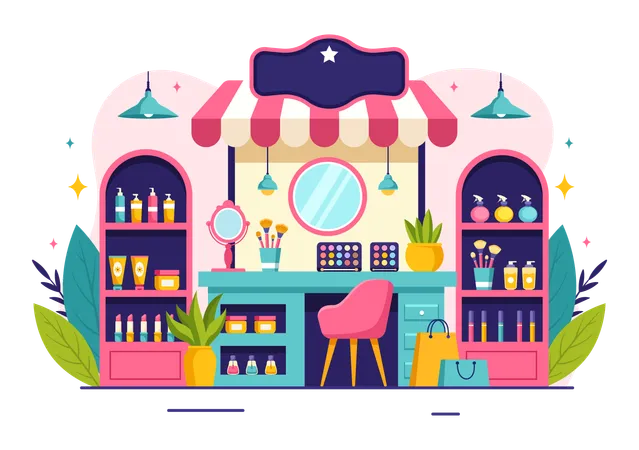 Cosmetics Store Vector Illustration With Girl Skincare Cosmetic Perfume Makeup And Beauty Products Choice In In Flat Cartoon Background Illustration