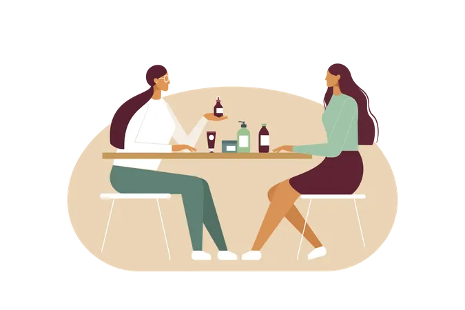 A Young Woman Is Counseling Another Beautiful Woman At A Table About Cosmetics Vector Illustration In Flat Design Transparent Background Illustration