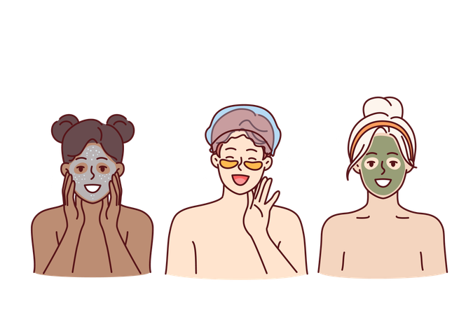 Cosmetology and SPA procedures for two women and man making rejuvenating masks from clay and cream  Illustration