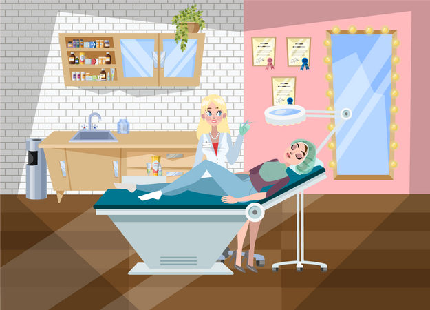 Cosmetology procedures in beauty salon. Doctor making Illustration