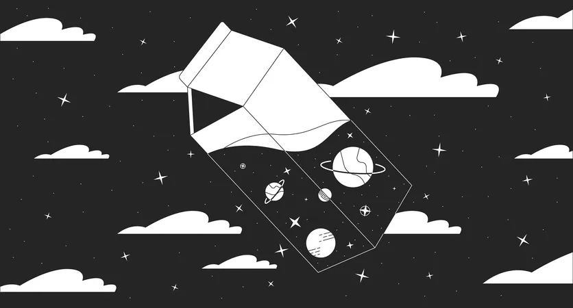 Cosmic Milk In Night Sky Black And White Lofi Wallpaper Transparent Pack With Planets And Stars 2 D Outline Cartoon Flat Illustration Dream About Space Vector Line Lo Fi Aesthetic Background Illustration