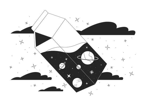 Cosmic Milk In Night Sky Black And White 2 D Illustration Concept Abstract Dream Lo Fi Vibe Fantasy Cartoon Outline Scene Isolated On White Outer Space View In Box Metaphor Monochrome Vector Art Illustration