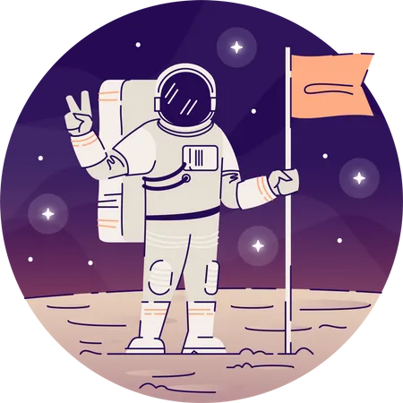 Cosmonaut placing flag on moon Illustration