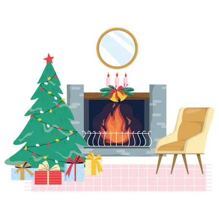 Cost fireplace with Christmas tree  イラスト