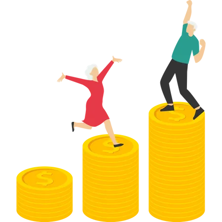 Concept Of Wealth Planning And Cost Of Living After Retirement Retirement Savings Or Retirement Fund Investment Old Man And Woman Walking On Pile Of Growth Savings Coins Flat Vector Illustration Illustration