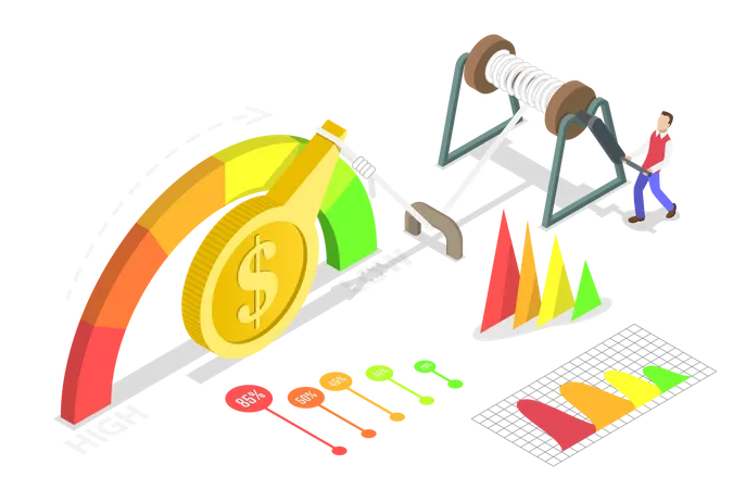 3 D Isometric Flat Vector Conceptual Illustration Of Cost Reduction Falling Rate Of Profit Price Minimising Dollar Rate Decrease 일러스트레이션