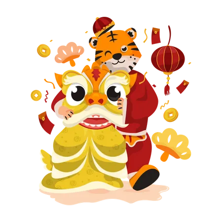 Tigre avec costume de danse du lion  Illustration