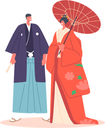 Un couple japonais porte un costume traditionnel  Illustration