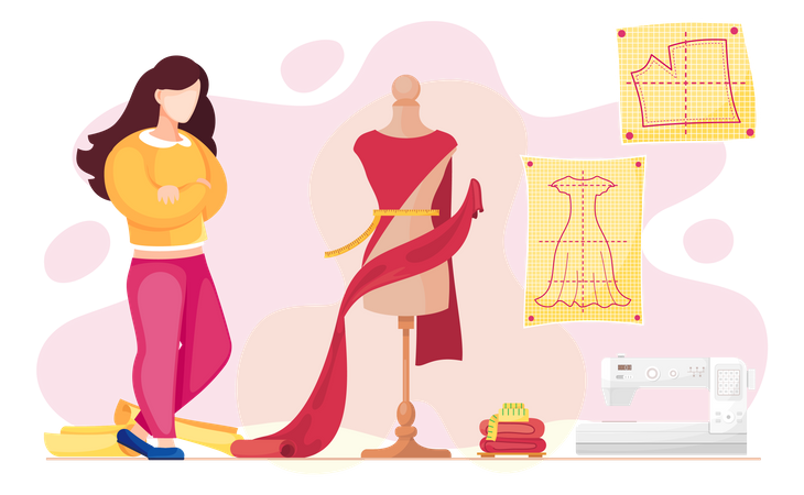 Costureira costura roupas sob encomenda para os clientes  Ilustração