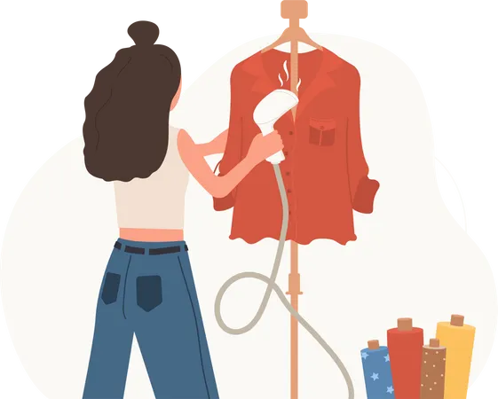 Costureira feminina secando roupas usando secador de ar  Ilustração