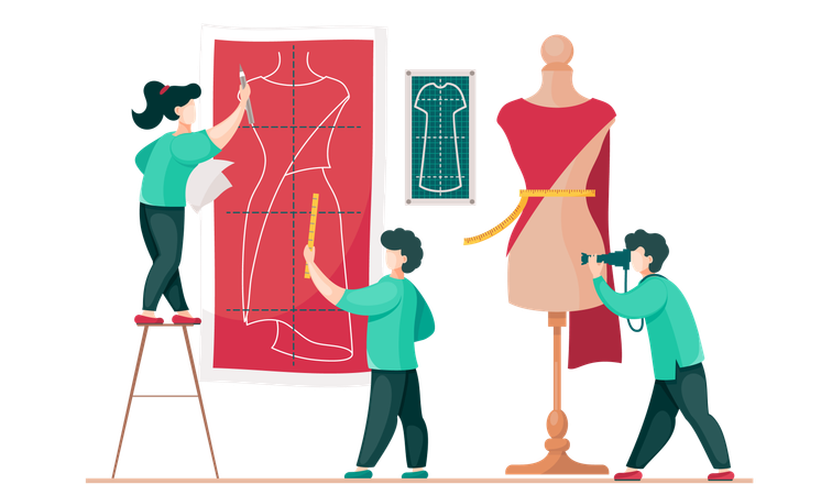 Costureiras trabalhando em modelo de vestido  Ilustração