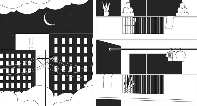 Extérieur d'un immeuble d'appartements de nuit confortable  Illustration