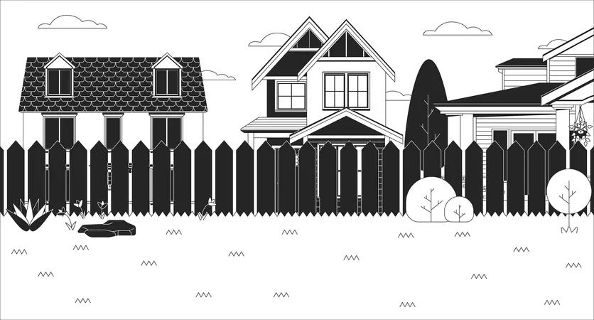 Cottage Backyard With Green Lawn Black And White Line Illustration Summer Suburban Courtyard 2 D Landscape Monochrome Background Tranquil Yard Of Residential House Outline Scene Vector Image 일러스트레이션