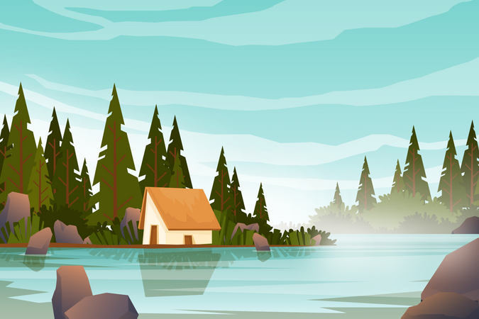 Cottage near large lake in forest area  Illustration