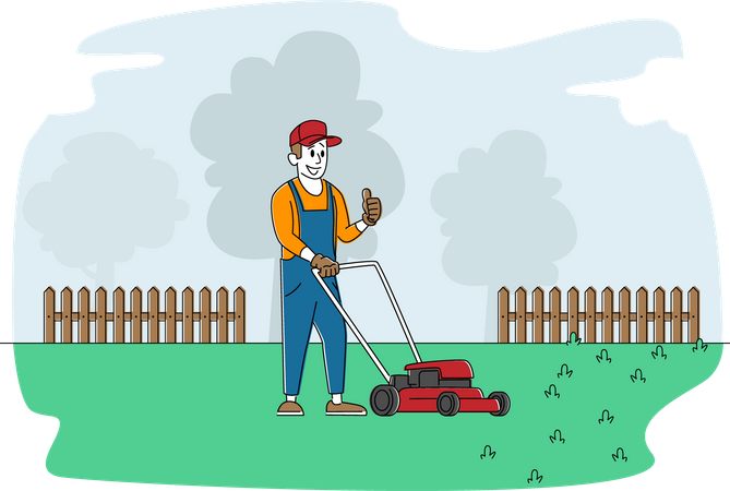 Cottager o trabajador utiliza la máquina cortacésped para cortar el césped en el patio trasero  Ilustración