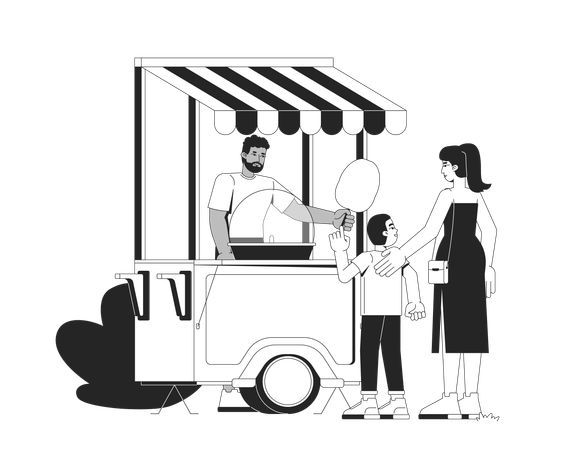 Cotton candy vendor handing over sweet snack to young boy and mother  Illustration